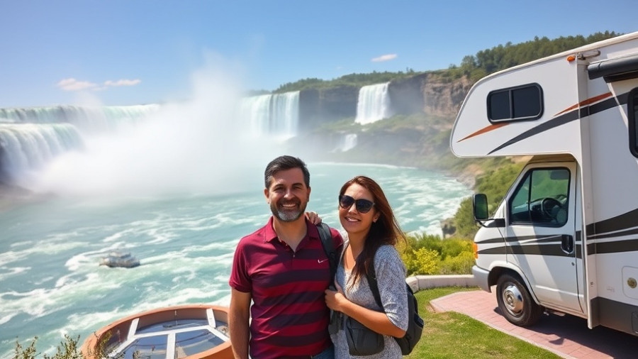 RV Travel in Canada at Niagara Falls with happy couple.