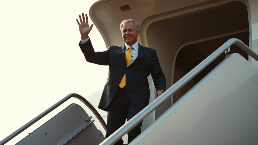 Man waving on airplane stairs in a diplomatic scene