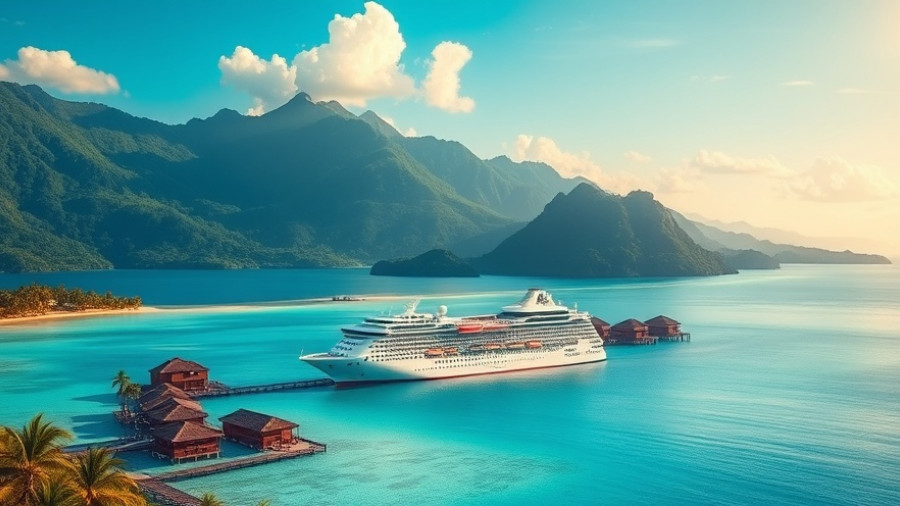 Scenic views of a tropical island with bungalows and cruise.