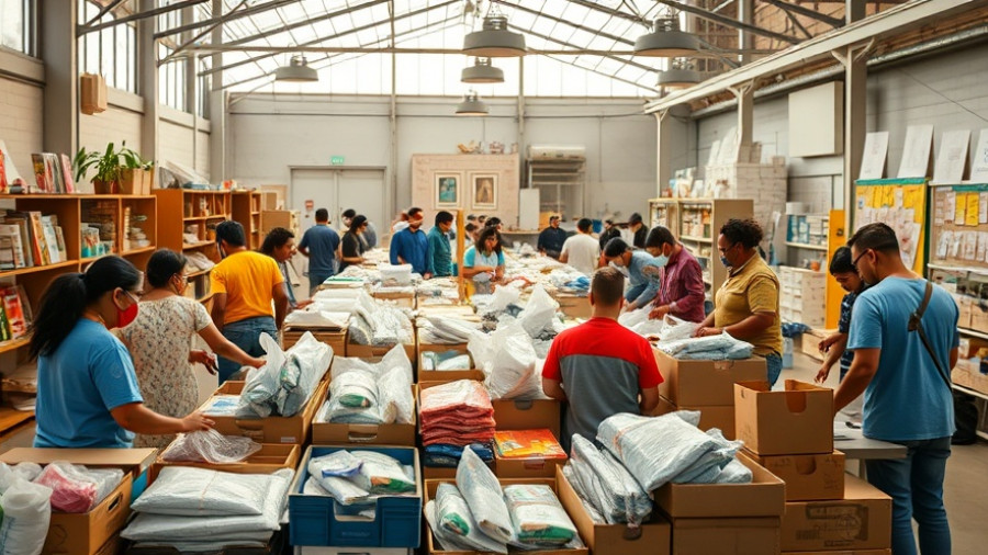 Volunteer organizing hurricane aid for Jamaica in community center.
