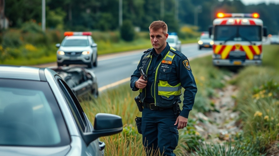 Police officer overseeing overturned car in rescue operation.