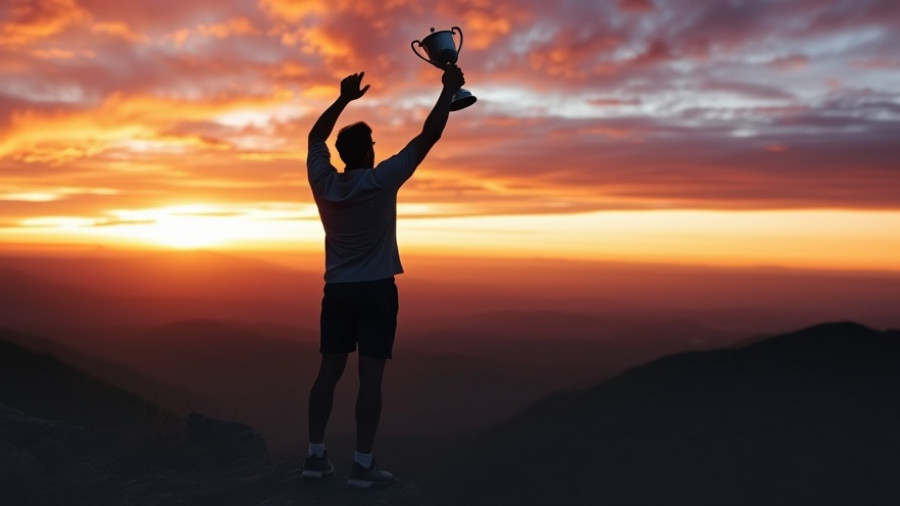 Athlete achieving greatness on mountain peak at sunset, holding trophy.