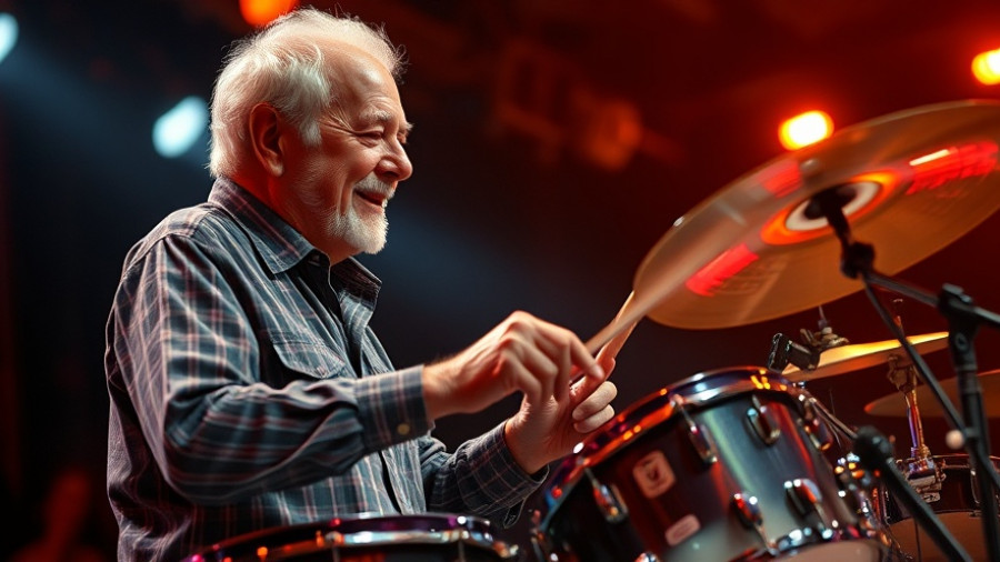 Elderly drummer performing passionately on stage with vibrant lighting.