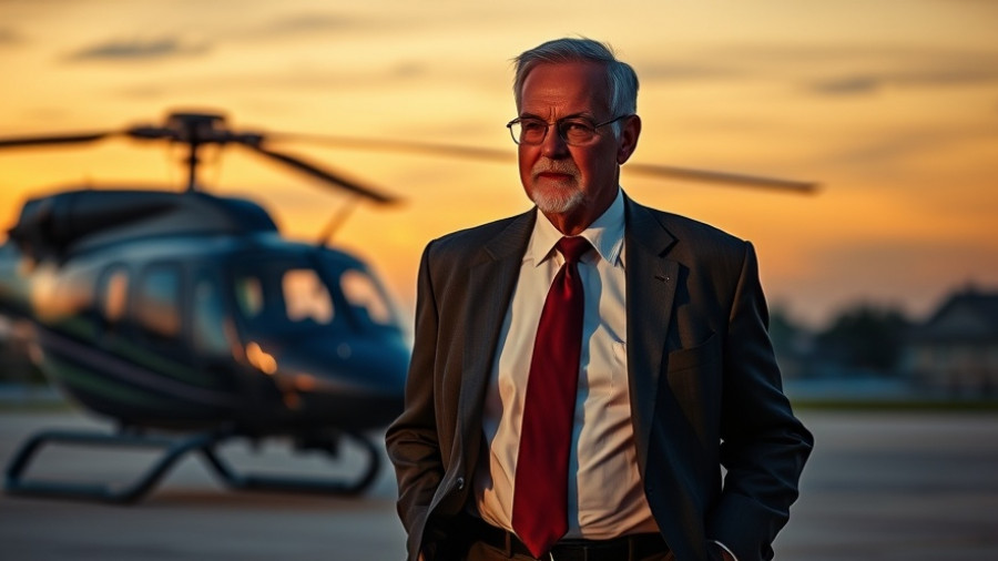 Confident man in suit walking in front of helicopter at dusk.