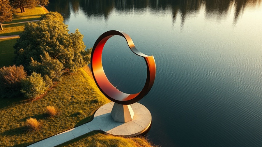 Pulse Memorial Osceola County sculpture by a lakeside, vibrant loop design.
