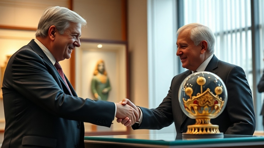 Distinguished figures with ornate golden crown in formal setting.