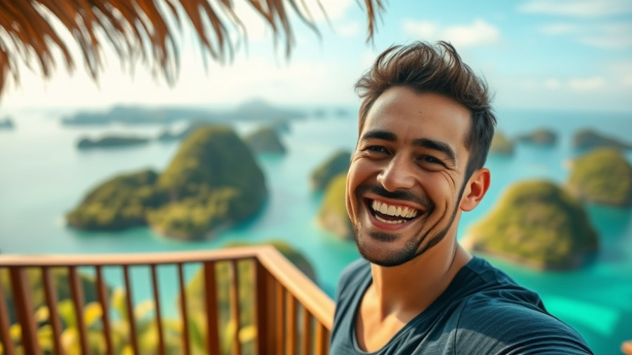 Man enjoying scenic island view; Holafly eSIMs for Travelers.