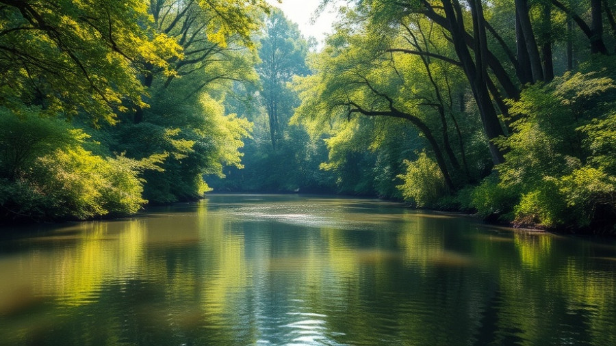 Serene landscape with a calm river and lush forest depicting emotional intelligence mastery.