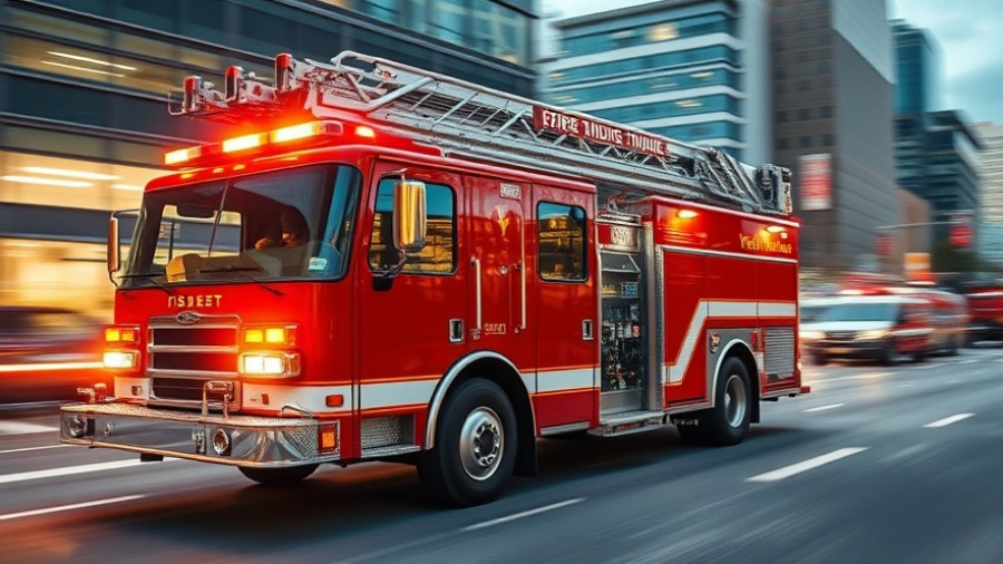 Red fire truck responding to Orange County crash injuries, motion blur, twilight.