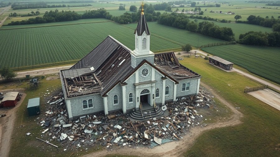 Church ruins after Hurricane Melissa under clear sky.