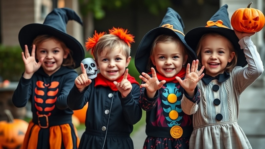 Children in colorful Halloween costumes posing playfully, highlighting trick-or-treaters Halloween safety.