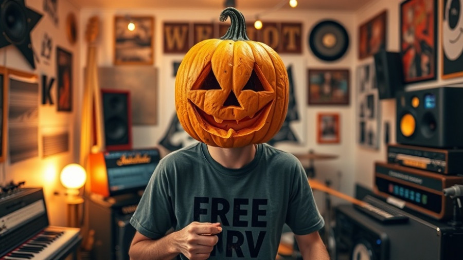 RV travel themed creative room with a pumpkin-headed person in a live stream.