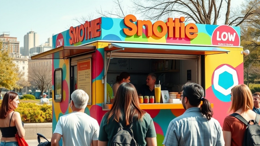 Colorful food truck with customers at Palm Coast, park setting.