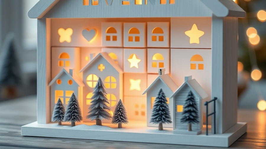 Charming white advent calendar with illuminated houses and trees.
