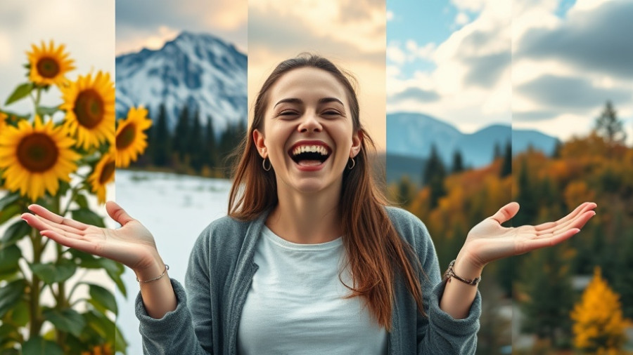 Energetic woman with seasonal background gestures, illustrating energy alignment.