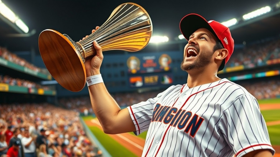 Dodgers win World Series celebration with player hoisting trophy.