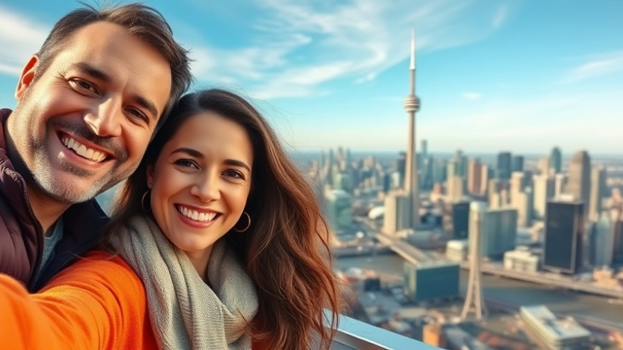 Exploring Toronto in One Day: Couple enjoys skyline view selfie.