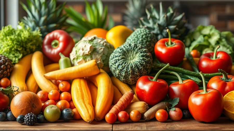 Fresh fruits and vegetables promoting nutrition and food system health.