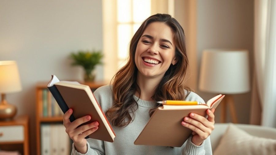 Joyful woman holding journals in cozy room, promoting healthy morning routines.