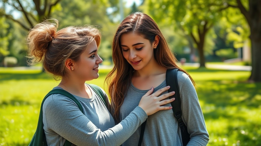 Young woman supporting teen's mental health outdoors.