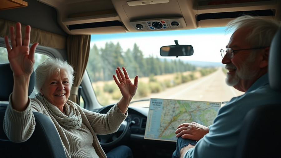Joyful RV travel with elderly woman and middle-aged man inside vehicle.