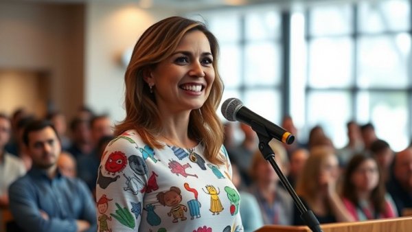 Ms. Rachel wearing artwork dress from Gaza, speaking at event.