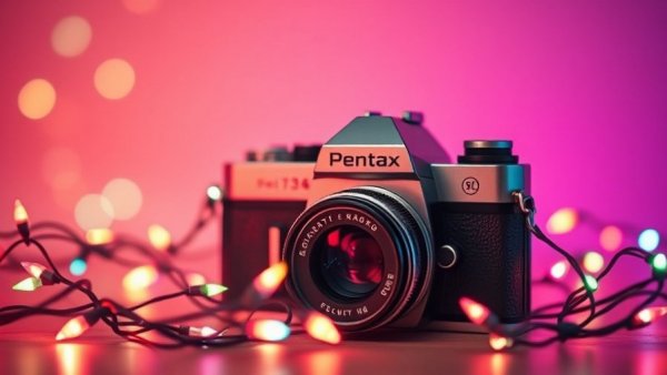 Vintage camera surrounded by colorful lights, perfect gift ideas for travelers.