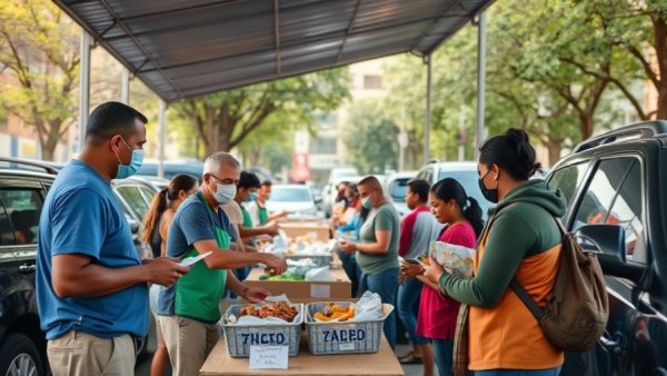 Nighttime food drive in Orlando with volunteers and cars in line.