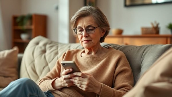 Navigating Midlife Health Changes: thoughtful middle-aged woman on sofa with phone.