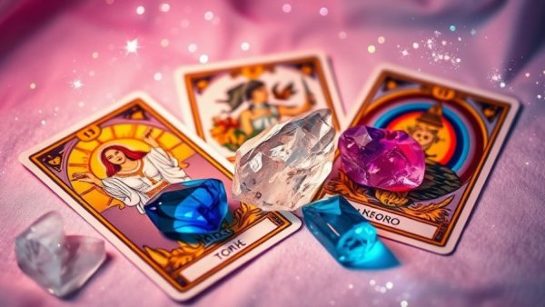 Vibrant tarot card spread with crystals, energy alignment message.
