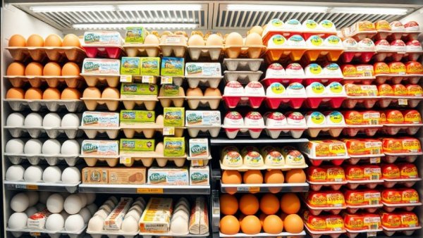 Supermarket fridge displaying various stacks of egg cartons