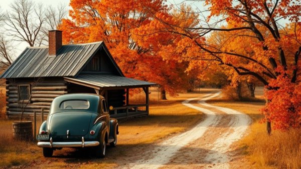 Scenic view of a rustic cabin and vintage car in autumn Texas.
