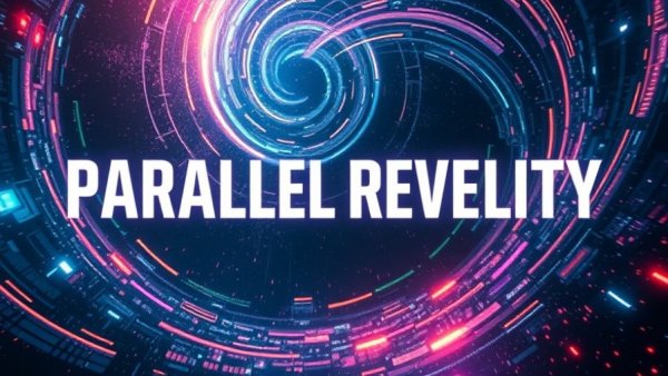 Futuristic text 'Parallel Realities' with abstract neon backdrop conveying otherworldly theme.
