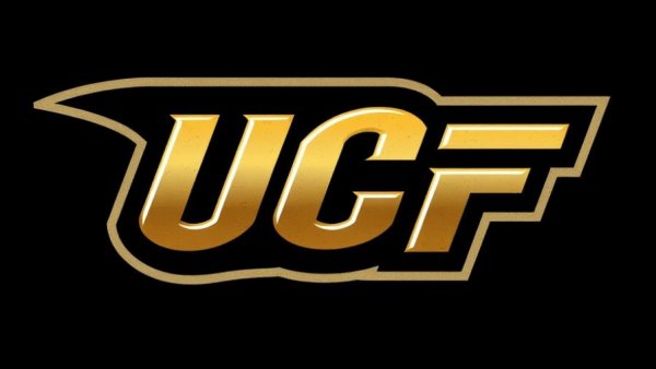 Bold UCF logo with metallic appearance on black background, school pride.