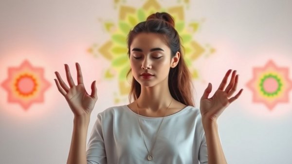 Energy alignment with young woman and chakra symbols, serene setting.