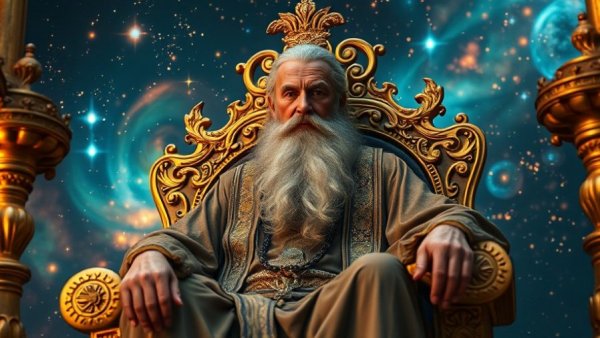 Mystical sage on throne with cosmic background, promoting travel.