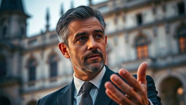 Professional discussing ACA subsidies impact on working class Americans outside historic building.