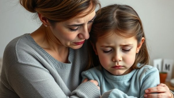Mother comforting daughter, guiding children through life's transitions.