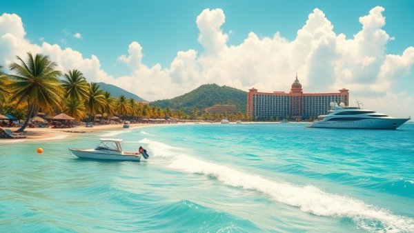 Scenic views of Bahamas beach resort with yachts and tropical hotel.