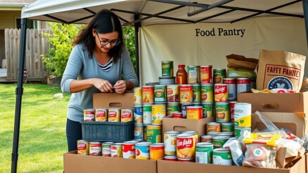 Front yard food pantry setup with cans on a table.