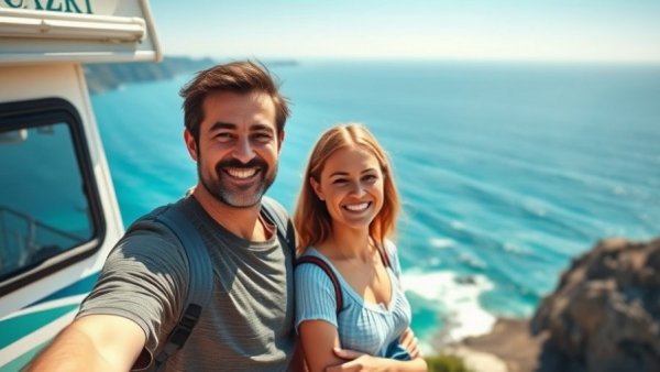 RV Travel adventure by the ocean with smiling travelers.