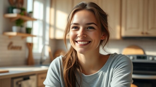 Young woman smiling in a kitchen reflecting healthy morning routines.