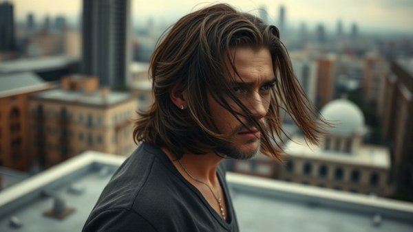 Contemplative long-haired man on rooftop, subtle urban background.