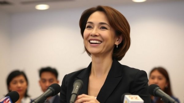 Confident woman at Seattle Mayor Election Results press conference, speaking into microphones.