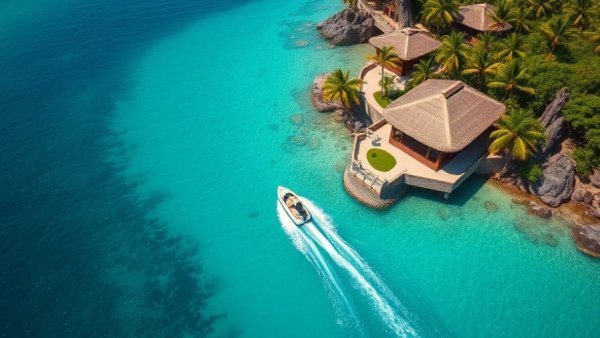 Breathtaking view of Seychelles turquoise waters and a luxury villa.