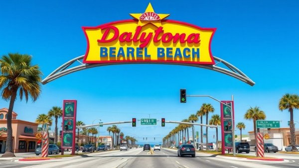 Daytona Beach spending audit scene with entrance sign and palm trees.