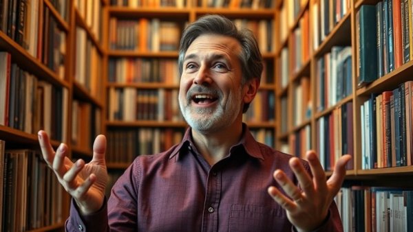 Enthusiastic speaker on brain training in a library.