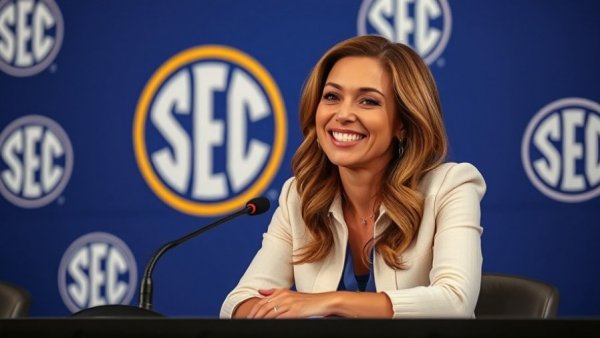 Smiling woman at press conference with SEC backdrop.