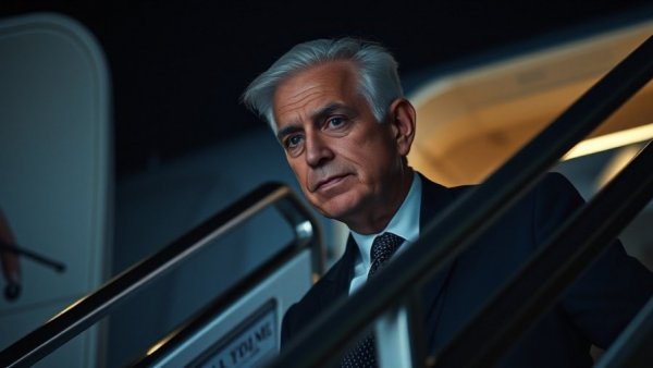 Political leader boarding plane at night discussing rollback of tariffs.