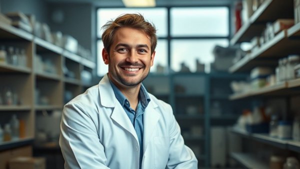 Scientist in a lab, seating and smiling, autoimmine research.